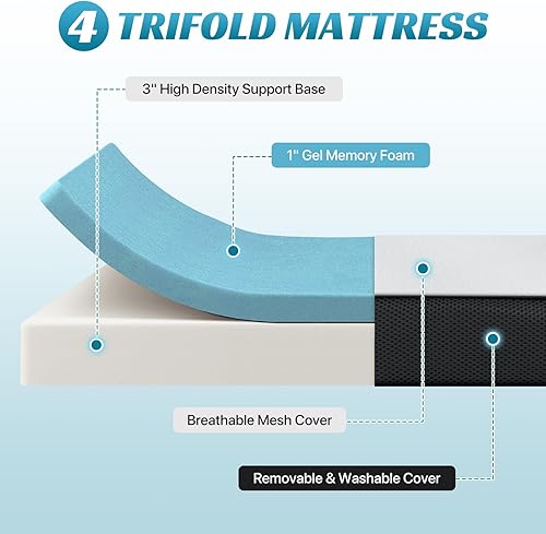 Miniatura 5 de Dkelincs Colchón plegable de 4 pulgadas, triple pliegue, de espuma viscoelástica, portátil, plegable, para campamento, invitados, yoga, blanco