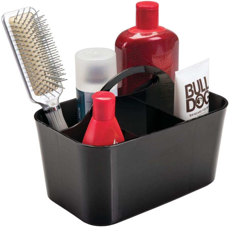 mDesign Shower Organiser with 4 Compartments - Bathroom Storage Box for Shower Gel, Shampoo, Razor - Ideal Accessories Storage for Camping or Swimming Pool - Black