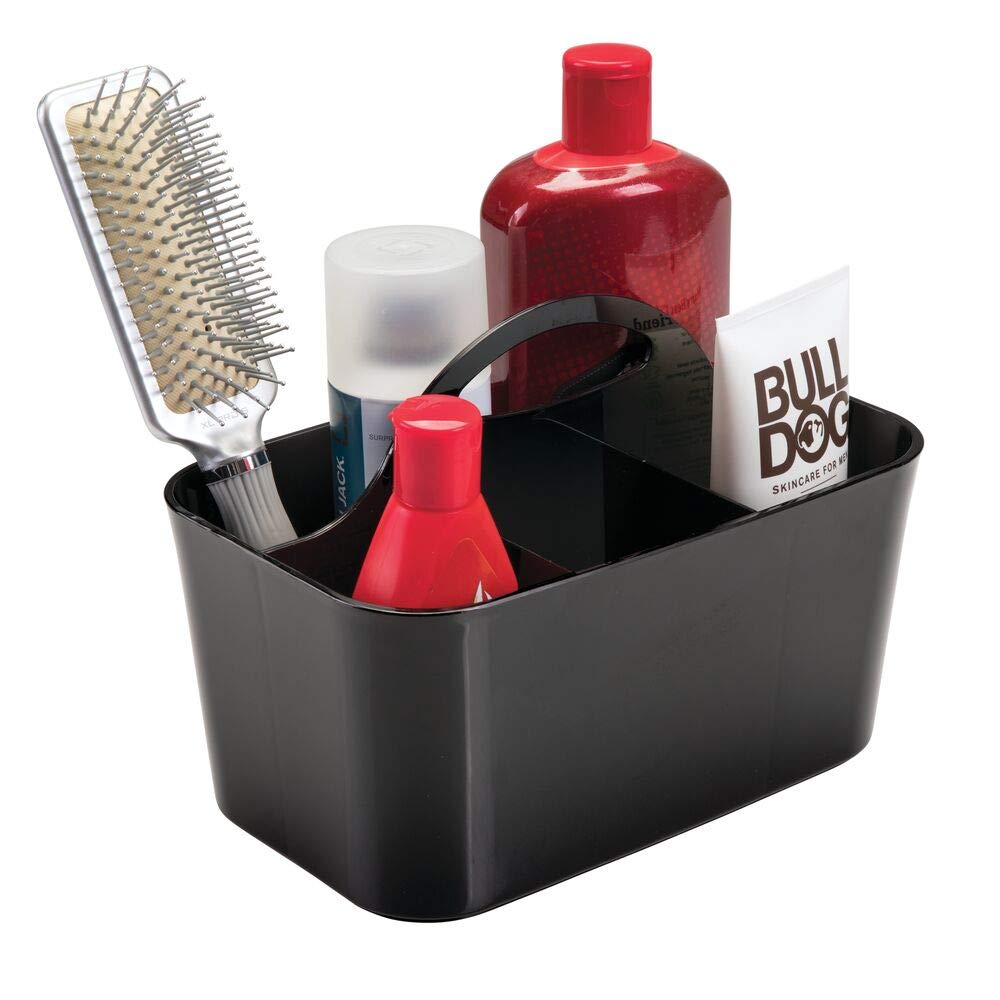 mDesign Shower Organiser with 4 Compartments - Bathroom Storage Box for Shower Gel, Shampoo, Razor - Ideal Accessories Storage for Camping or Swimming Pool - Black