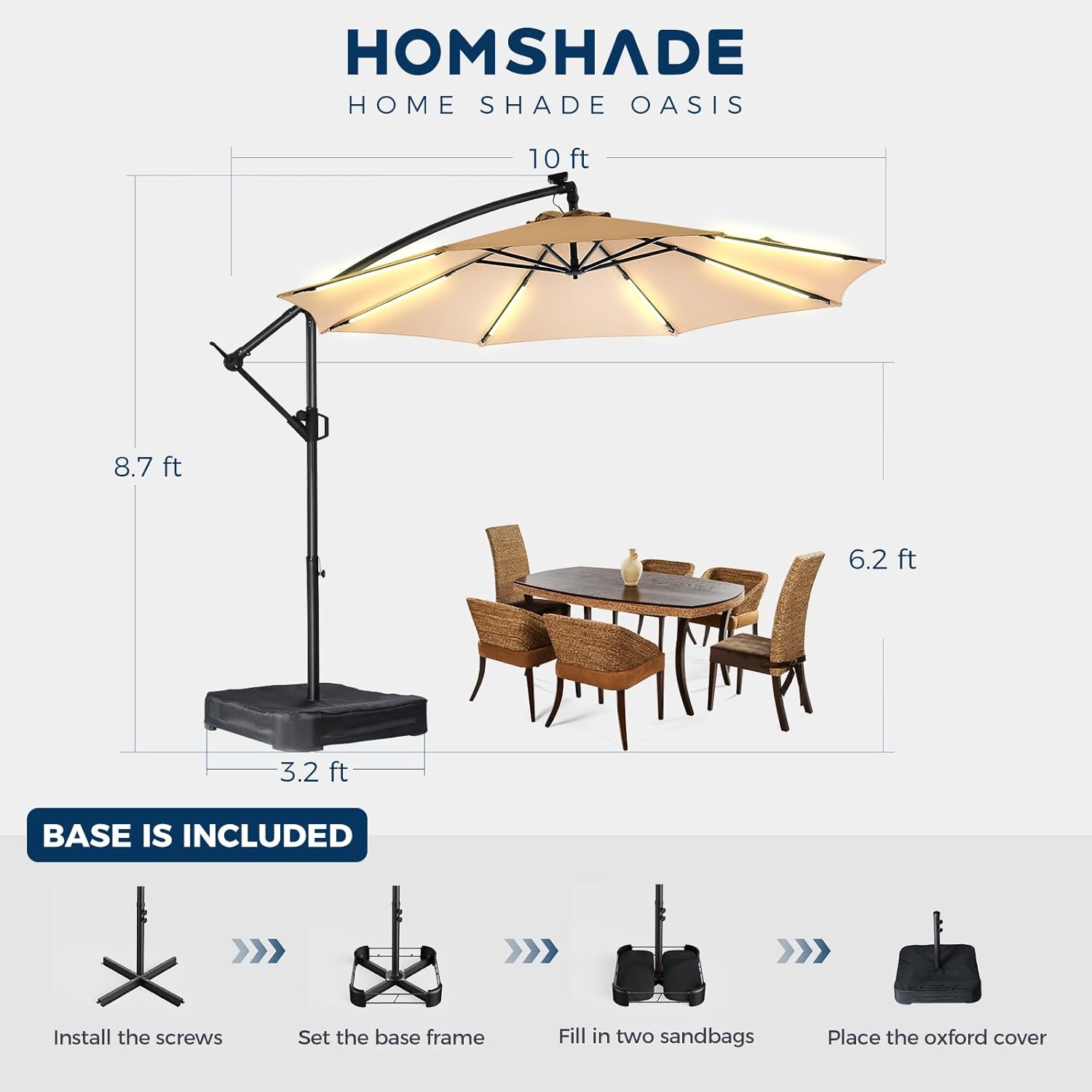 HOMSHADE 10 ft Offset Patio Umbrella with Solar Lights, LED Lighted Umbrella Outdoor Patio with Base Included, Heavy Duty Hanging Cantilever Umbrellas for Pool Deck with UV Protection&Easy Tilt, Beige
