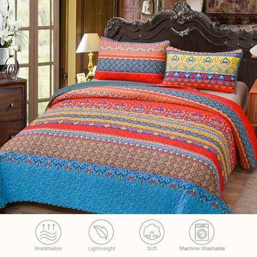 Exclusivo Mezcla Reversible Boho Quilt Set King Size, 3 Pieces Bohemian Blue All Season Bedspreads, Ultra Soft Floral Coverlet Bedding Set with Printed Pattern (1 Quilt, 2 Pillow Shams)