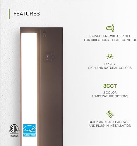 Miniatura 3 de ASD Iluminación LED giratoria para debajo del gabinete, bronce de 32 pulgadas, 16 W, cableado o enchufable, 2700 K3000 K4000 K seleccionable, lente