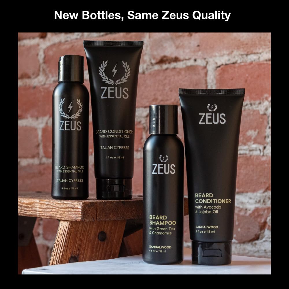 ZEUS Sandalwood Beard Wash Set for Men with Green Tea & Essential Oils | Beard Shampoo & Conditioner Duo with Natural Oils to Hydrate, Soften, Cleanse & Strengthen Facial Hair (Made in USA)