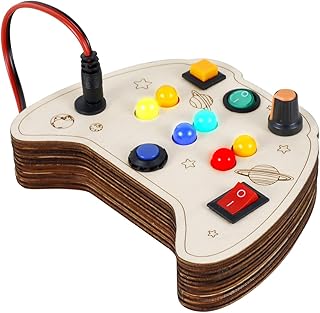 Montessori Busy Board LED Light Switch Busy Board Wooden Sensory Toys Travel Wooden Busy Handle Board with Light Up LED Buttons Educational Learning Fidget Toy for 1 to 8 Years Old Kids