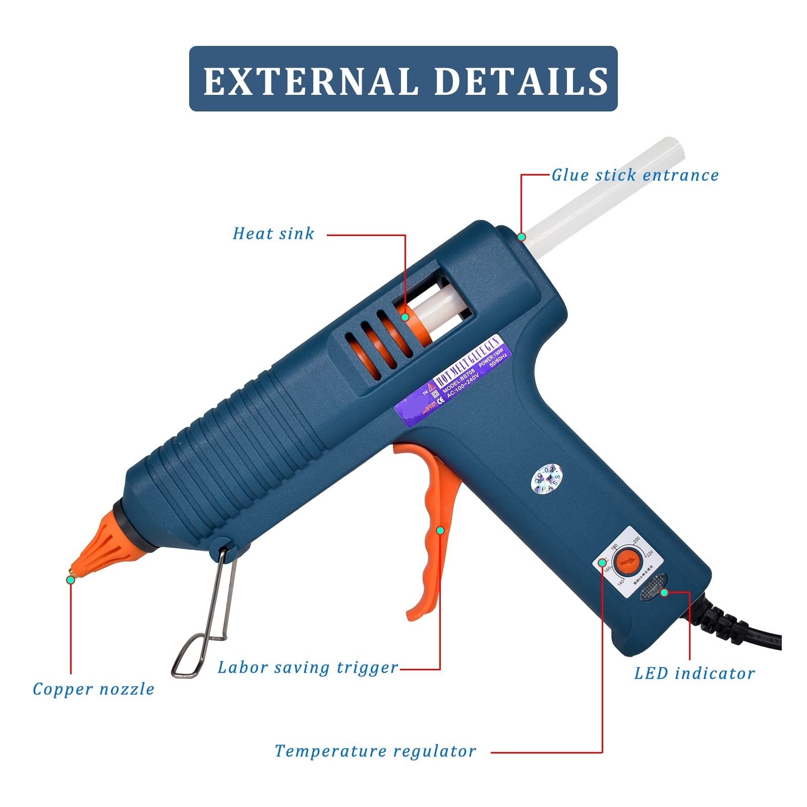 Pistolet na gorący klej, Zestaw narzędzi do pistoletu do klejenia na gorąco 150 W regulacja temperatury pistolet silikonowy do domu DIY, prezenty świąteczne, rzemiosło użyj 11mm kleje w sztyfcie dysza