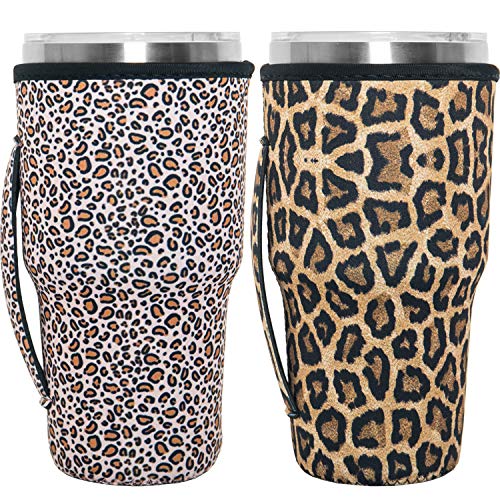 HaiMay 2 Pieces Reusable Iced Coffee Cup Sleeve Neoprene Insulated Sleeves Cup Cover Holder Ideal for 30oz-32oz Tumbler Cup,Trenta Starbucks,Large Dunkin Donuts, Leopard Style