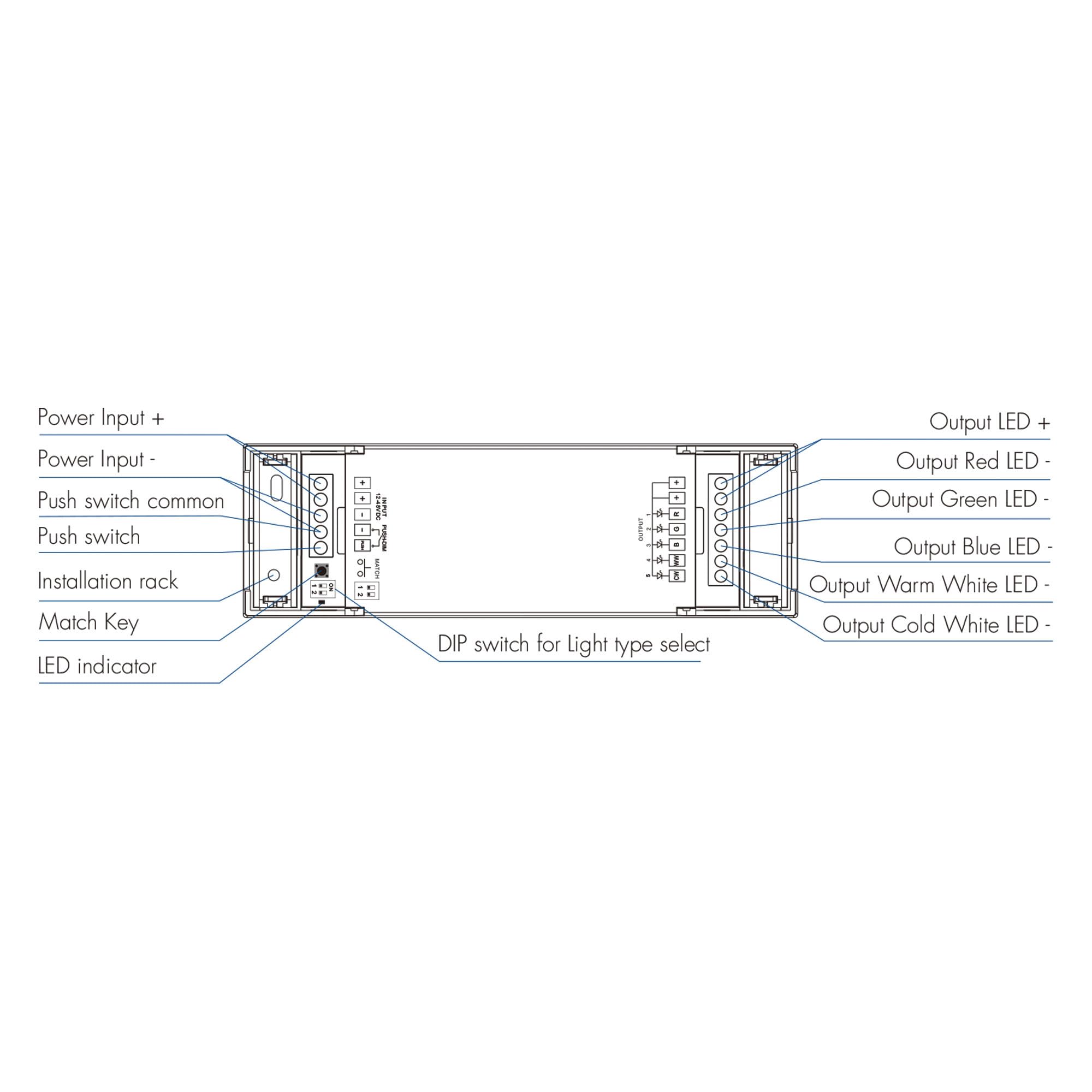 Einfarbiger Controller/CCT/RGB/RGBW/RGB + CCT 12-48 V DC – 5-in-1 – RF 2,4 GHz – PUSH Dimmer – Skydance