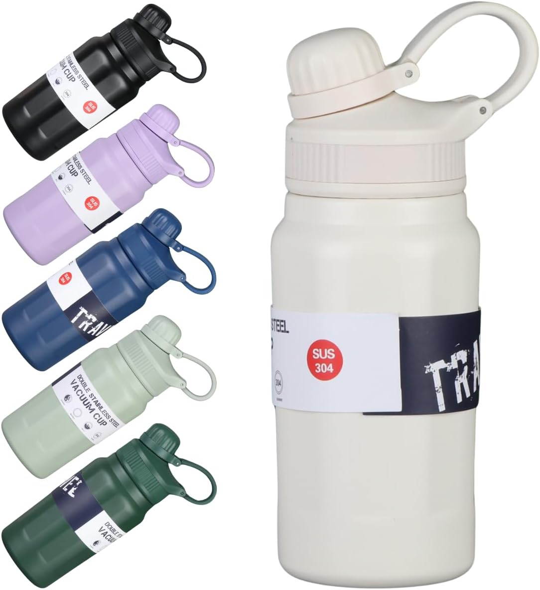 Garrafa Térmica Estilosa de 500ml com Interior em Aço Inox 304 e Fundo Emborrachado – Ideal para Academia e Escola – Com Canudo e Alça de Transporte Resistente (Branco Pérola)