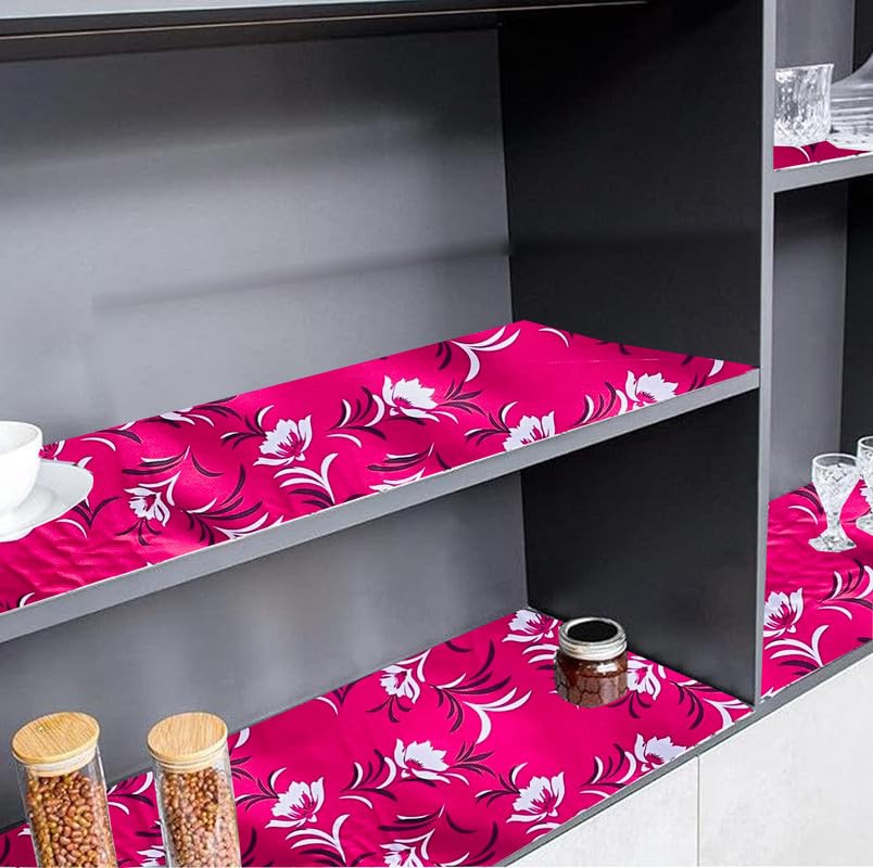 Image of Anti-Slip Kitchen Shelf Liner - 5 Meter Roll, Waterproof Multipurpose Mat for Fridge, Cabinet, Drawer, Trolley & Bathroom - Easy to Cut Floral Blue Print (Pink)