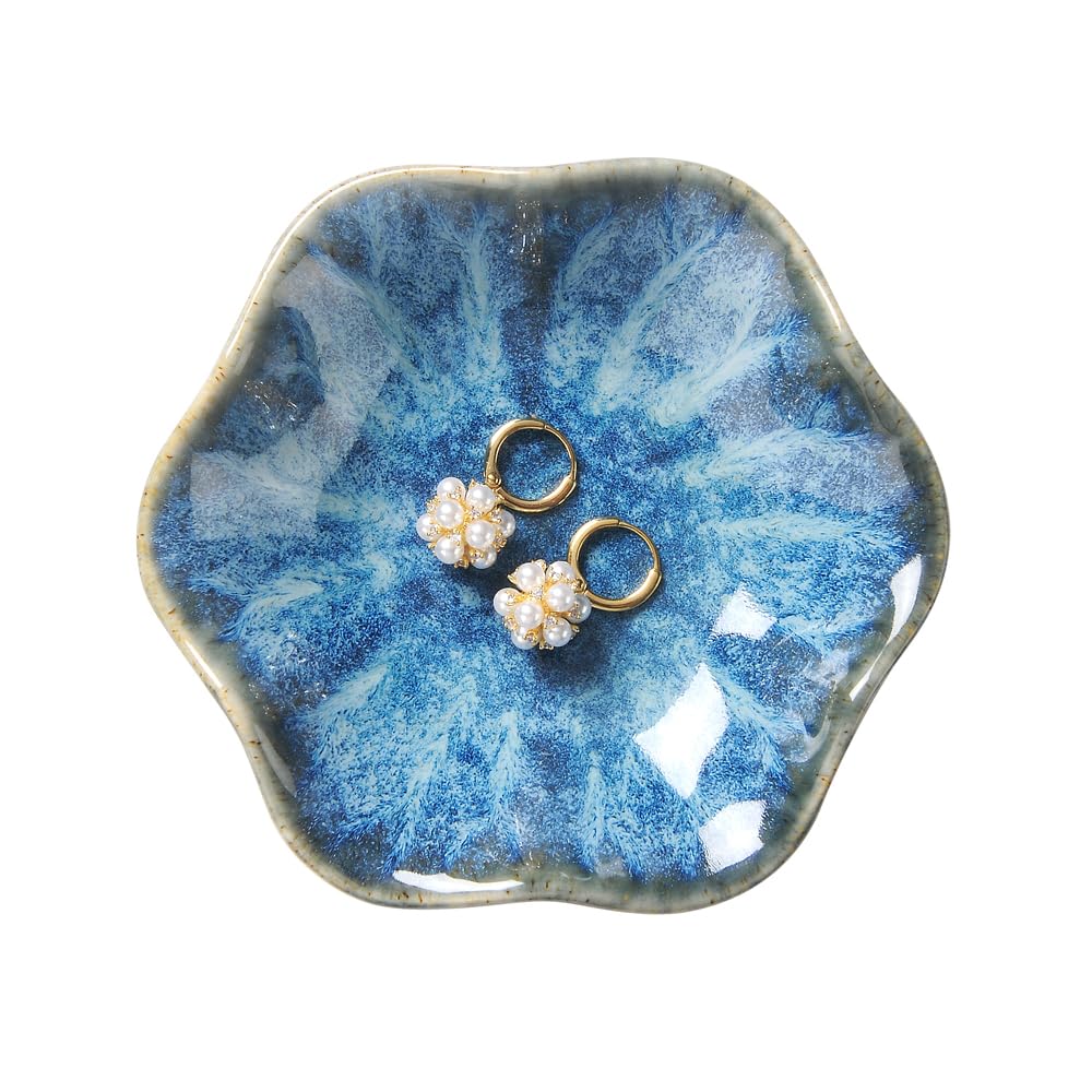 Lotus Leaf Shape Ring Holder Dish, Small Key Bowl, Ceramic Trinket Tray Jewelry Dish Organizing Necklace Earrings for Mom Friend Sister. All Jewelries Are NOT Included. Light Blue.