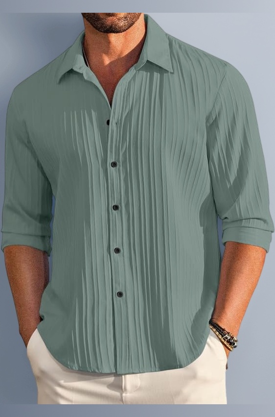 Men's Casual Cotton Plain Button Down Shirt Long Sleeve Textured Summer Beach Shirt for Men
