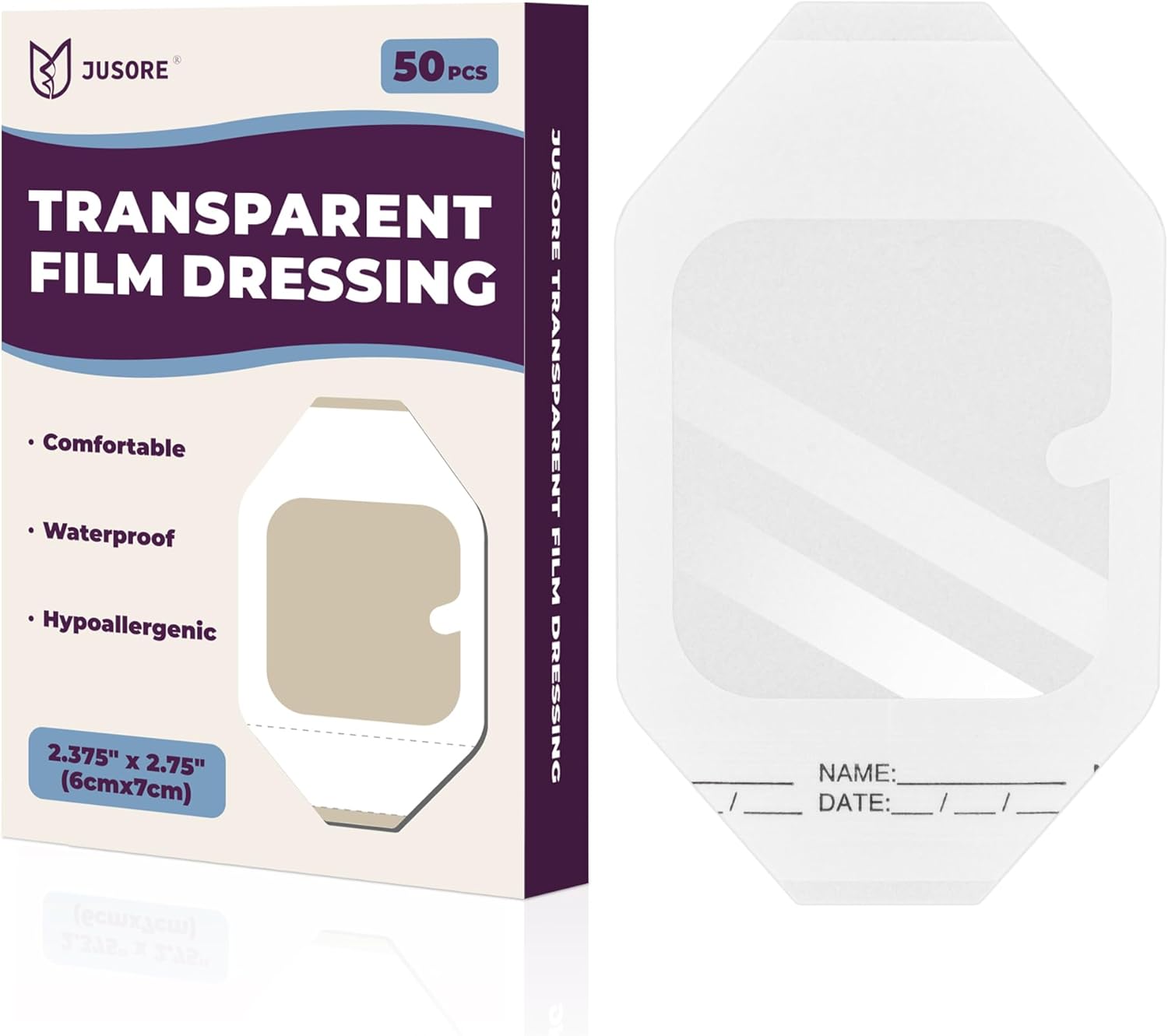Transparent Film Dressing 2.38" x 2.75" - Waterproof, Flexible & Breathable Adhesive Protection for Wound Care, Post Surgical Shower, CGM Sensor Patches, IV Shield, Tattoo Bandage, 50 Pack