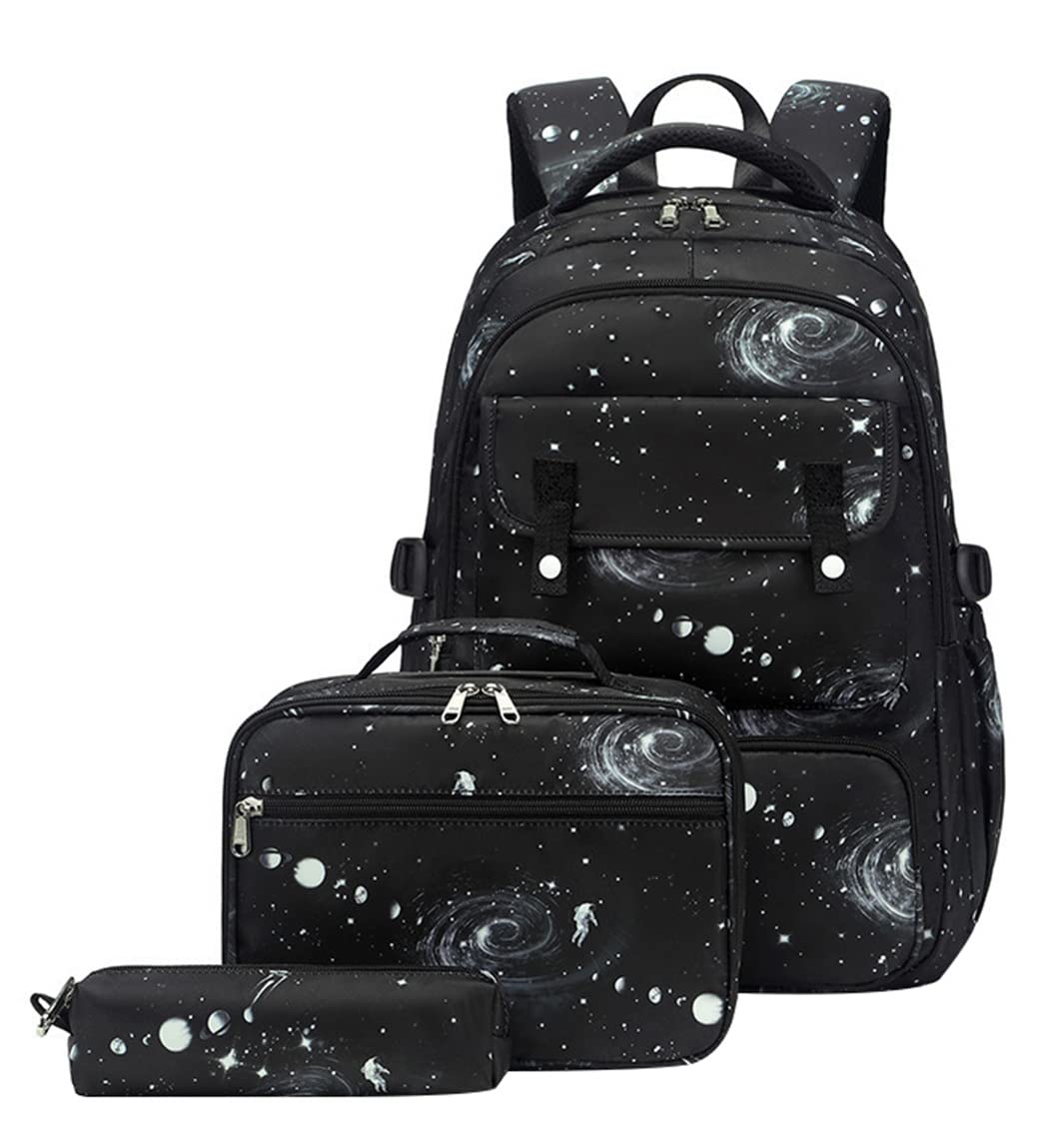 JiaYou Space Pattern 3Pcs Galaxy Backpack Boys Primary Junior Middle School Daypack Sets Men High Middle School Laptop Bag(Galaxy-Black-B,3Pcs