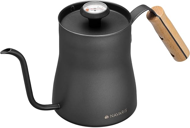 Navaris 1 Litre Gooseneck Kettle - Stainless Steel Coffee Kettle with Pour Over Spout for Coffee Stove Top Hobs with Thermometer