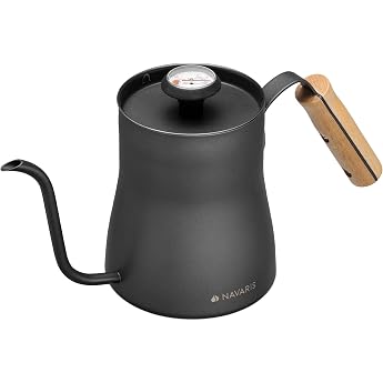 Navaris Kettle for Coffee Preparation - 1 liter Gooseneck kettle with thermometer - with Long Spout and Wooden Handle