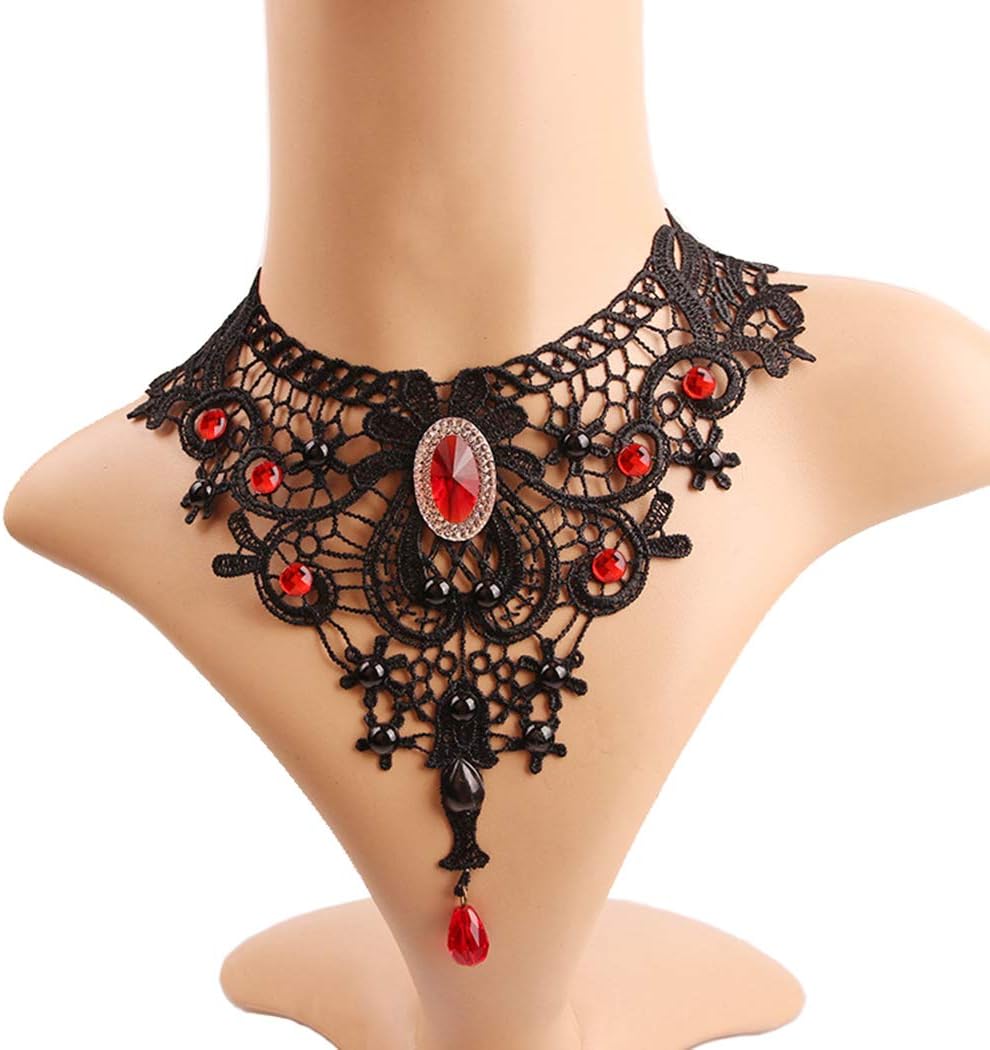 Choker Necklace Earrings Set for Halloween Punk Steampunk Costume Party Women Gothic Black Lace Necklace Vintage Lolita Victorian Halloween Choker Vampire Pendant (Red) - Image 9