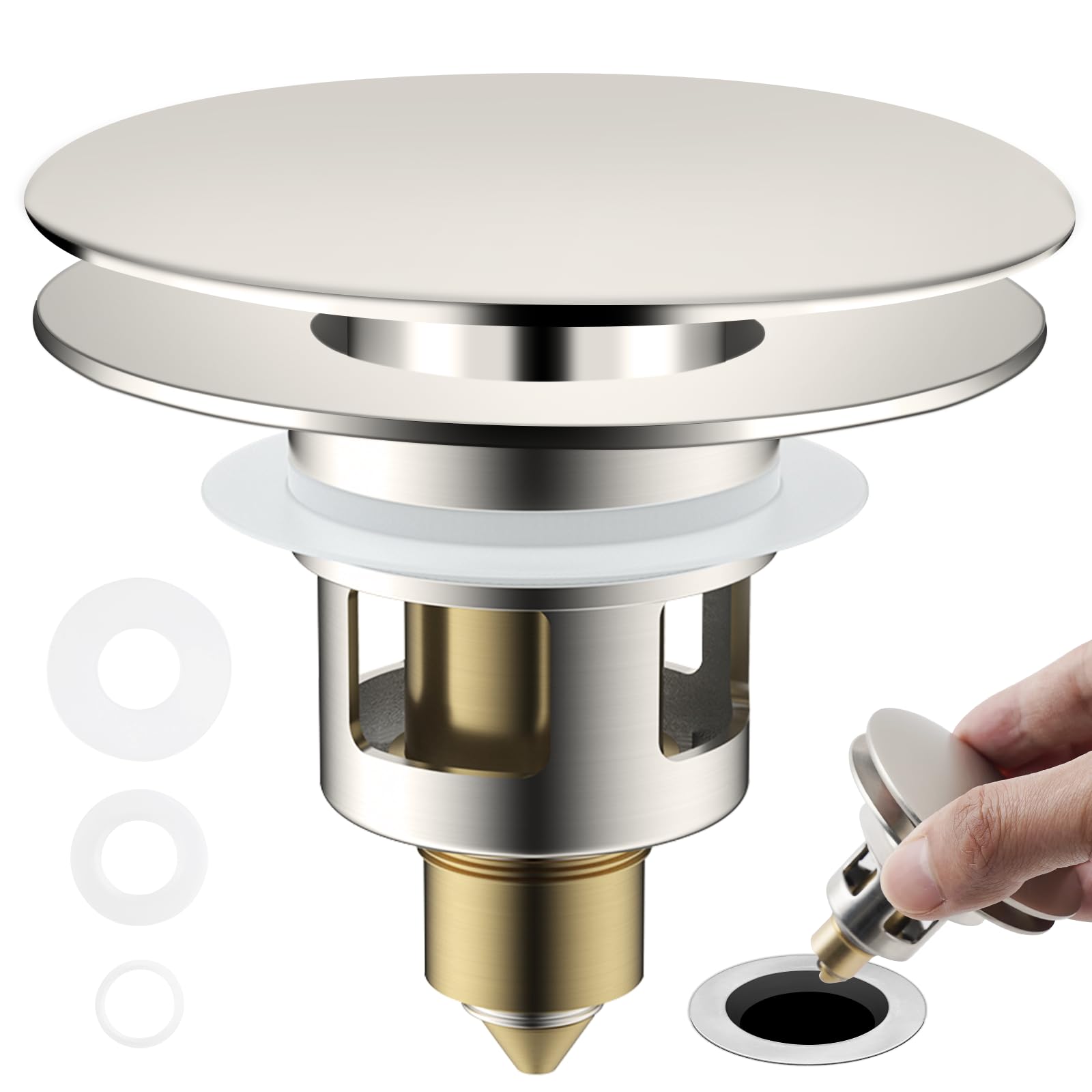 Universal Bathroom Sink Drain Stopper Strainer, Big Cover, Brushed Nickel