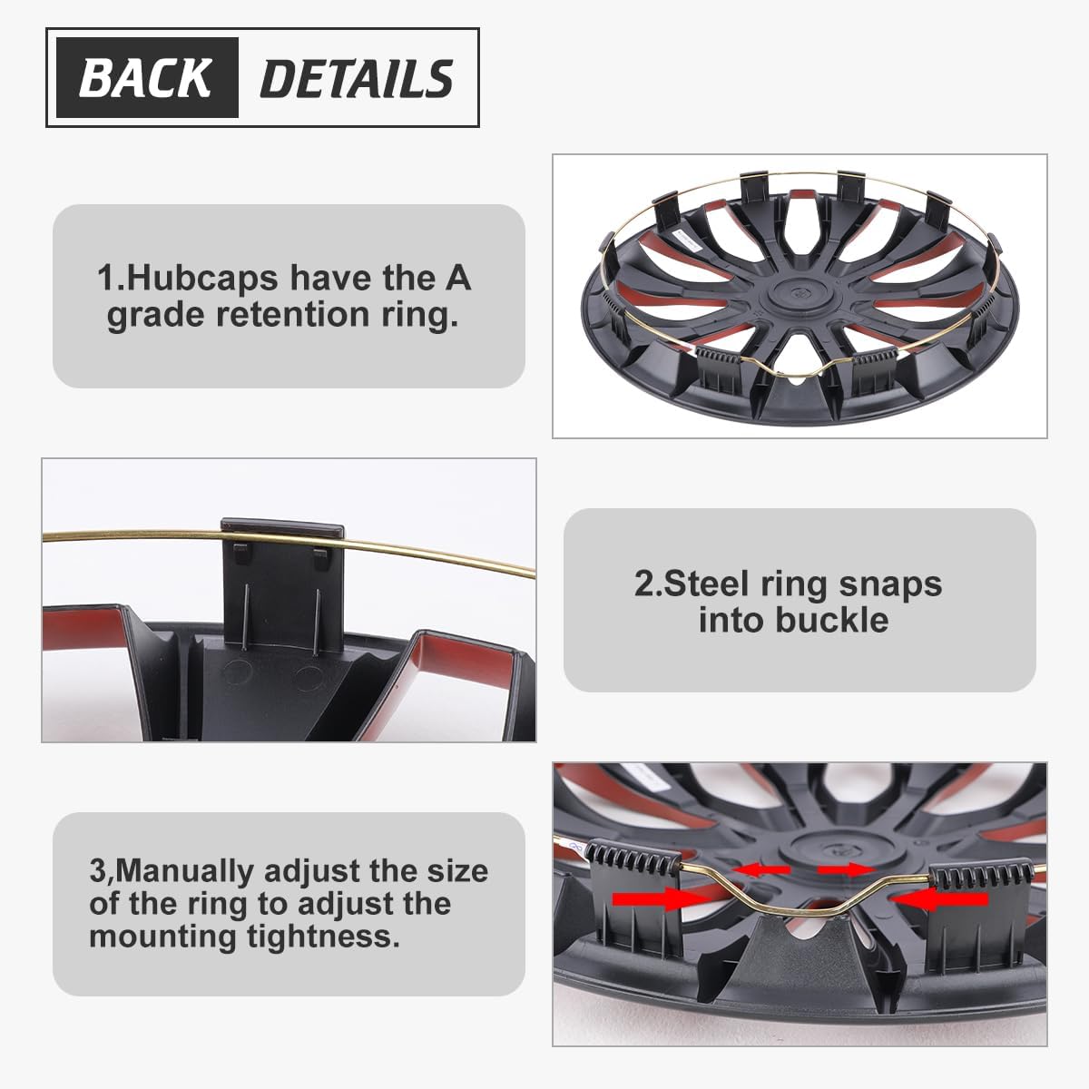 Hubcaps 15", Wheel Rim Cover Universal R15 Hub Caps, Snap On Car Pickup Truck SUV, Wheel Covers, ABS Material, Set of 4, 15-Inch, Black & Red Lacquer