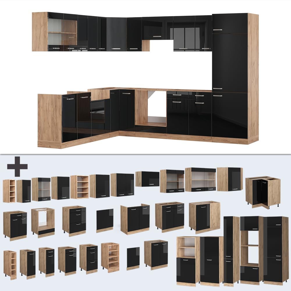 Vicco Cuisine en Angle R-Line, Noir Brillant/Chêne doré, 287 x 227 cm | 12 Modules · Pieds réglables en hauteur · Sans plan de travail · Façades robustes · Avec armoire pour réfrigérateur