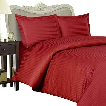 Cotton Stripes 3pcs Duvet Cover Set90x102 and 2 Pillow Cases20x40 Inch Each, King Size, Burgundy