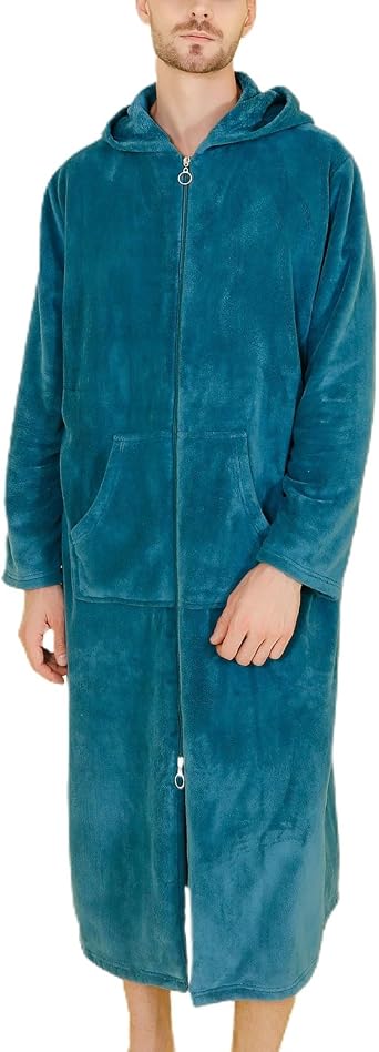 Mens Long Sleeve Bathrobe Hooded Fuzzy Robe Soft Winter Fall Cozy Fleece Long Trendy Thick Knee Length