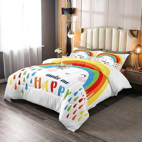 Miniatura 2 de Erosebridal Juego de edredón de arco iris, tamaño individual, juego de ropa de cama de arcoíris colorido blanco de dibujos animados para niños y