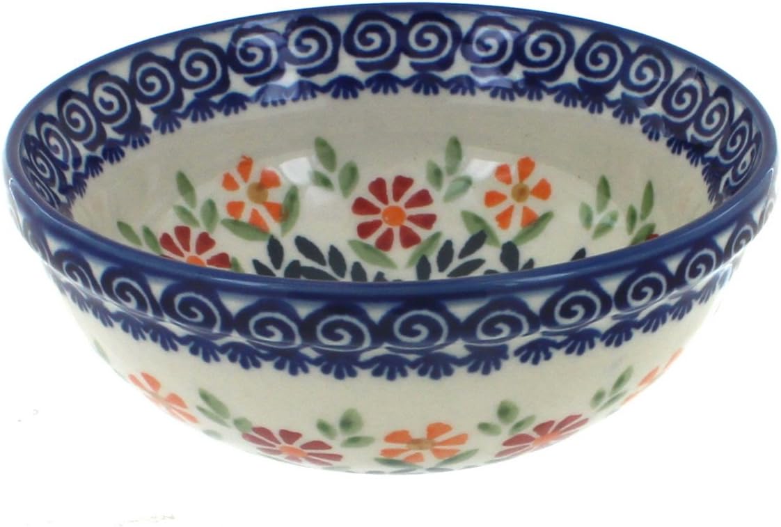 Blue Rose Polish Pottery - Orange Garden Bouquet Dessert Bowl - 5.75" Diameter - Perfect Bowl for Desserts, Appetizers, and Snacks