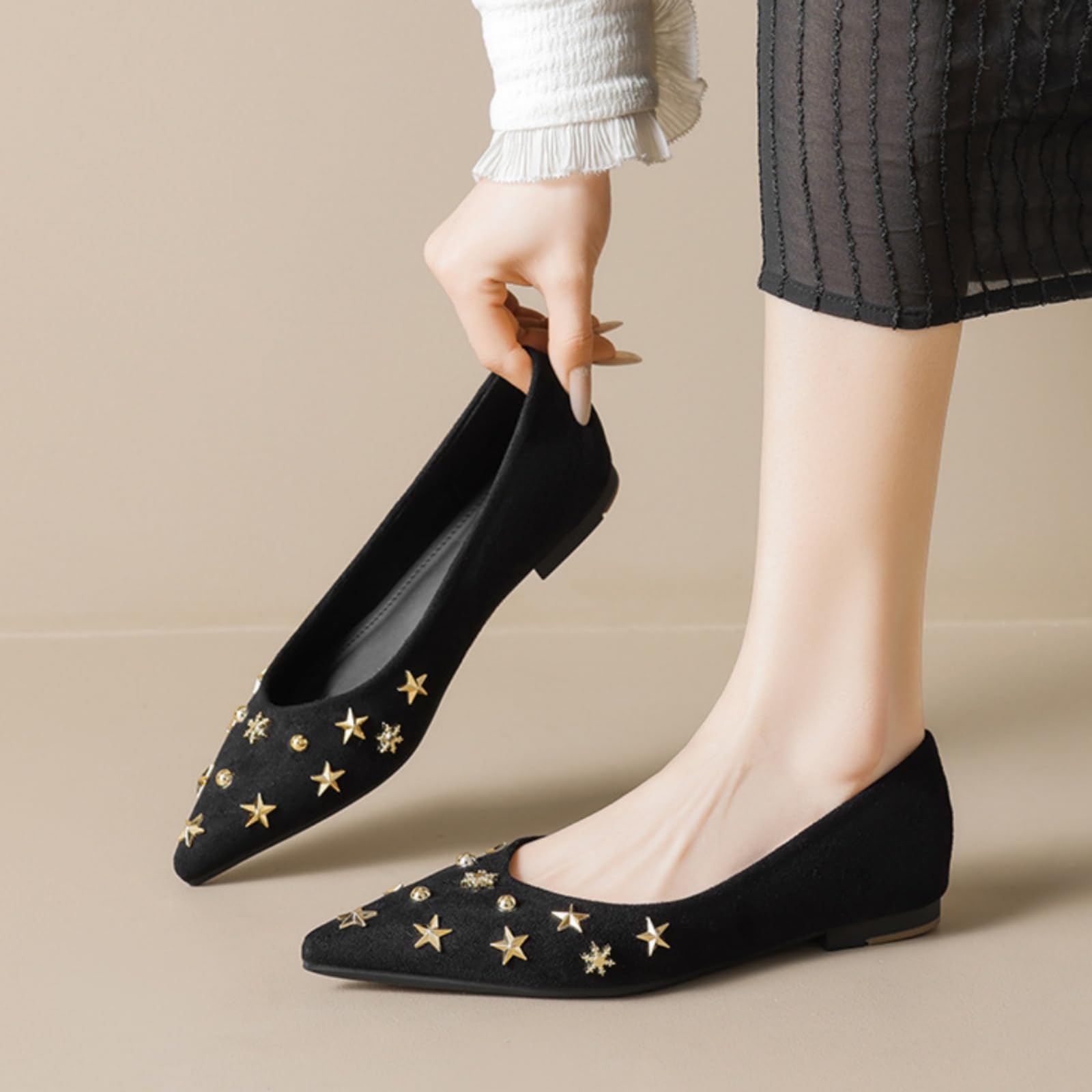 Damskie Antypoślizgowe Baleriny Z Ostrym Noskiem, Eleganckie Zamszowe Buty Z Ozdobną Gwiazdką, Wsuwane Na Co Dzień, Na Imprezy I Do Tańca