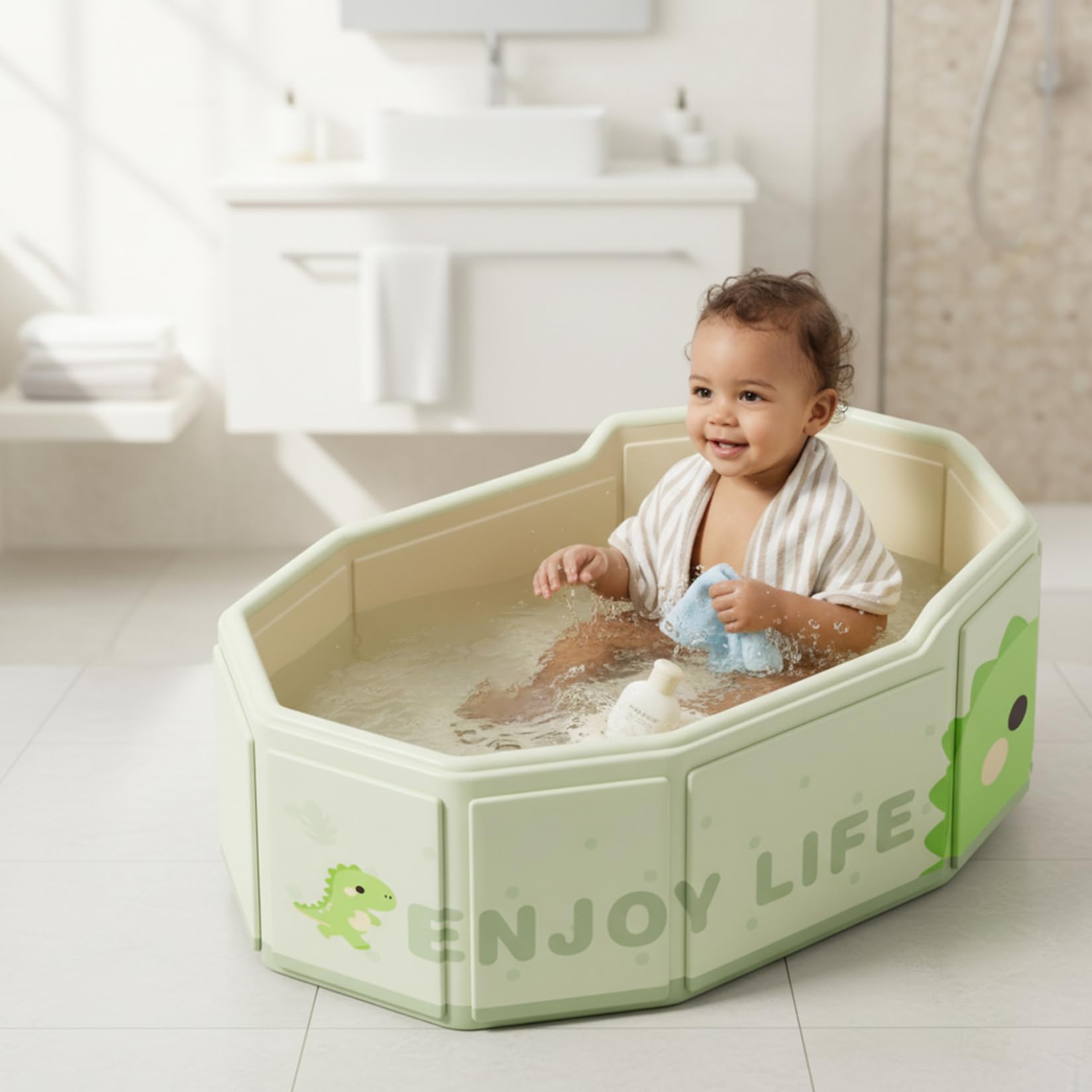 Bañera plegable para bebé, bañera portátil de 29, 5x17, 7 pulgadas con base antideslizante y tapón de drenaje, bañeras para bebés para bebés y niños pequeños, dinosaurio