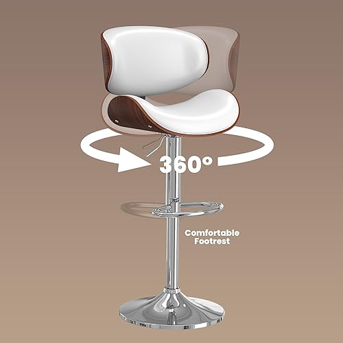 Miniatura 5 de Juego de 2 taburetes de bar para isla de cocina con respaldo de madera curvada y asiento de cuero, taburetes de bar giratorios para encimera de