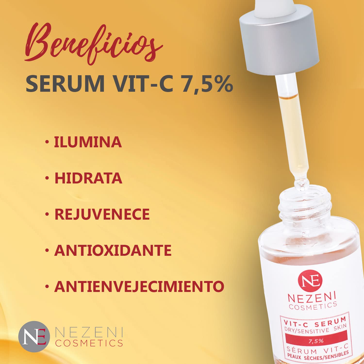 Sérum Facial 7,5% VITAMINA C con Ácido Hialurónico + Niacinamida – 9 principios activos - BAJO CONSERVANTES 2 años caducidad cerrado