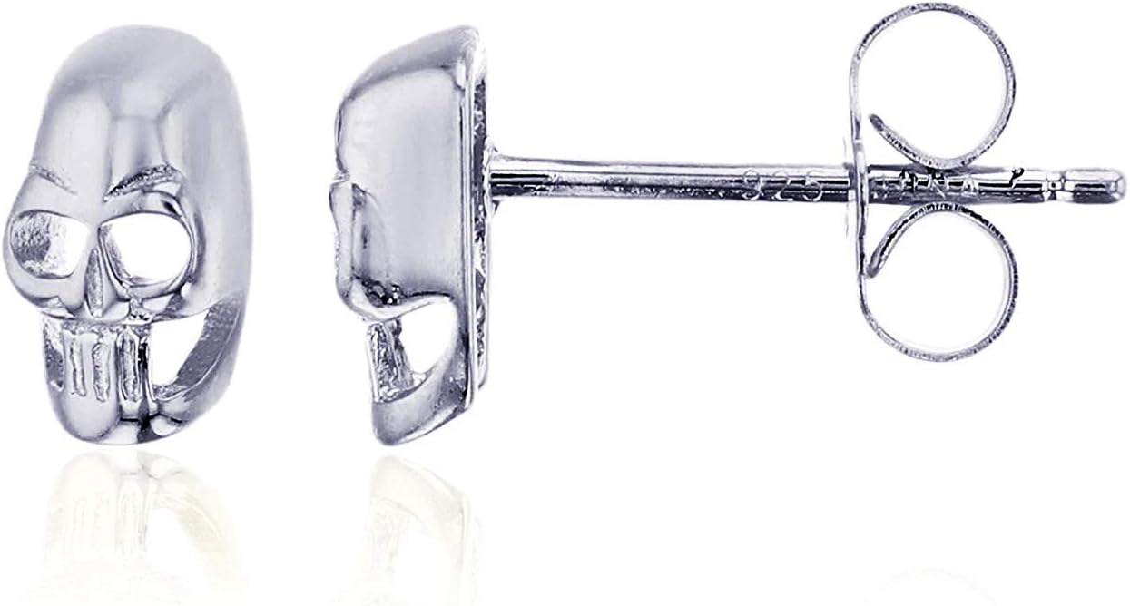 Solid 925 Sterling Silver Polished Skull Stud Earrings for Women | 7.5mm Gold Plated Hypoallergenic Studs