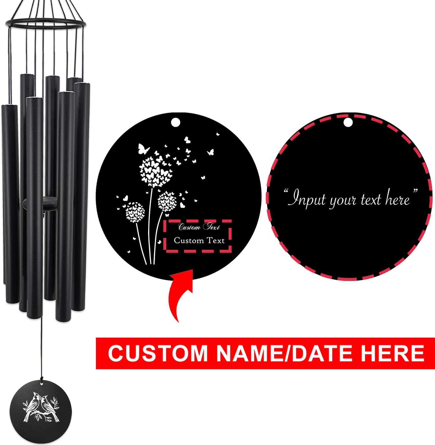 Personalized Engrave Wind Chimes for Outside 36” Black, Custom Gift for Many Occasions, Retirement, Wedding, Sympathy, Pet, Housewarming.Various Design Offered.