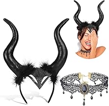 2 Pieces Halloween Queen Horns Headpiece, Horns Headpiece Gothic Lace Necklace Black Set, Devil Horns Black Cosplay, Hair Accessories for Carnival Cosplay Masquerade Halloween Witches