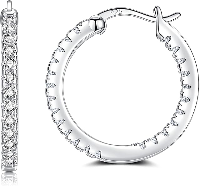 Hypoallergenic Silver Hoop Earrings for Women, Lightweight Cubic Zirconia Sterling Silver Cartilage Tragus Earrings | Dainty Huggie Hinged Earring Jewellery Gifts for Girls (Size:15mm/20mm/30mm)