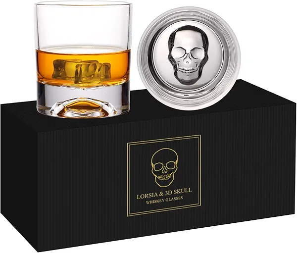 Hand Blown Crystal Skull Whiskey Glasses, Set of 2 Bourbon Glasses In Gift Box - 10 Oz Old Fashioned Glasses for Scotch, Cocktail, Rum - Perfect Gifts for Halloween, Christmas, Thanksgiving for Men