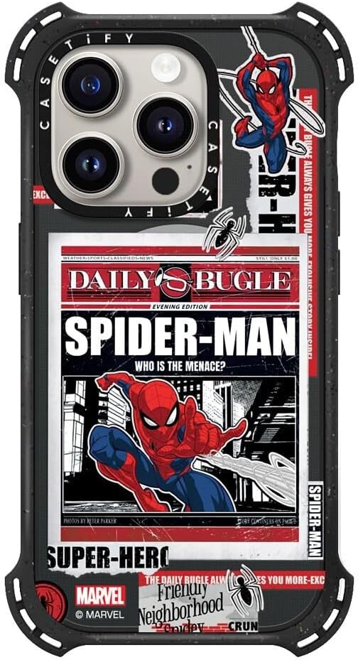CASETiFY Bounce iPhone 15 Pro Case [Spider-Man Co-Lab / 6X Military Grade Drop Tested / 21.3ft Drop Protection/Compatible with Magsafe] - Spider-Man Newspaper Sticker Case - Triple Black