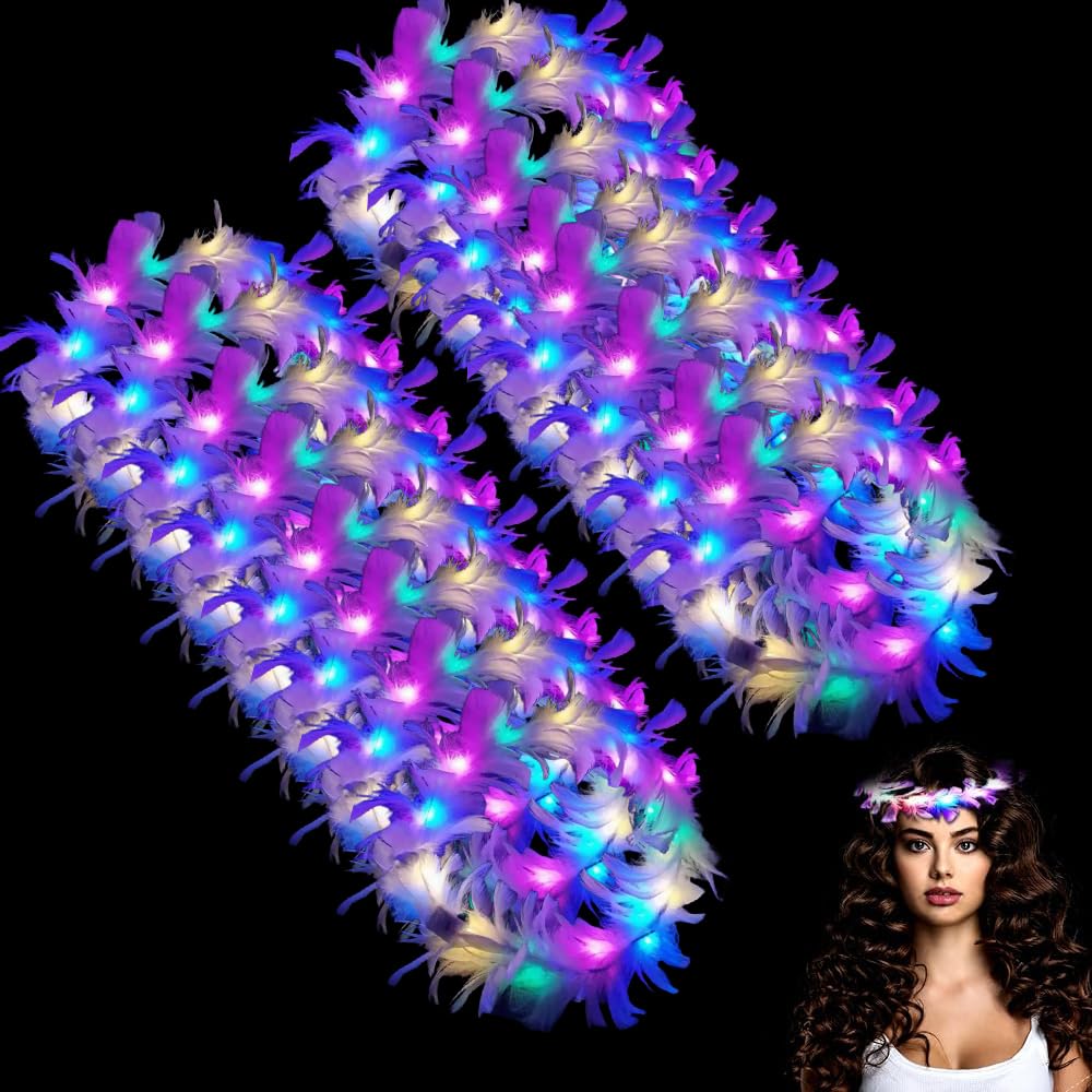 LED Fleur Guirlande Cheveux, Guirlande De Plumes Bandeau, Guirlande De Plumes Lumineuses Pour Femmes Filles Adultes Enfants Fête De Mariage Festival Accessoires Photo Props(2 Couleurs