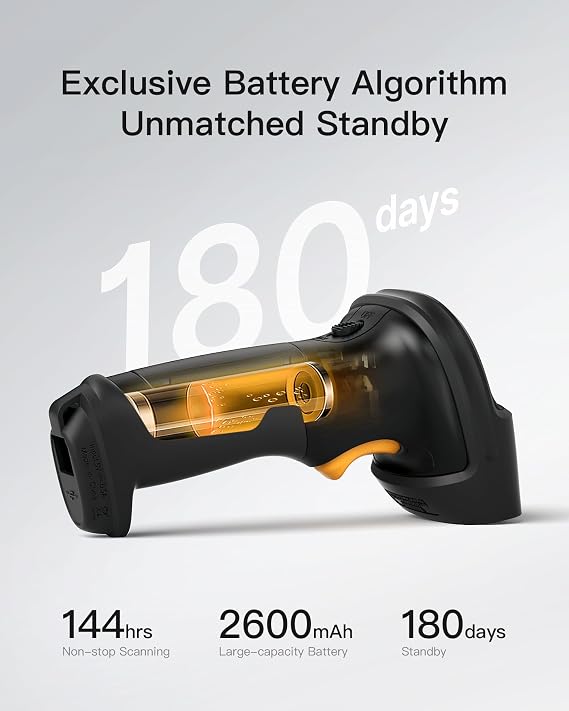 Inateck Barcode Scanner, Wireless Scanner, 1 Charge 180 Days Standby, 35M Range, Automatic Scanning, BCST-60 Black