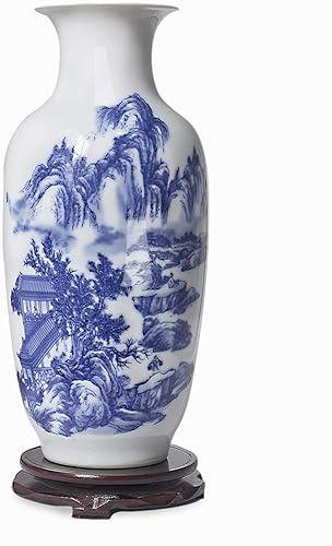 Miniatura 4 de Dahlia Jarrón azul y blanco, florero de porcelana china hecho a mano, montaña celestial, forma de rouleau de 14 pulgadas