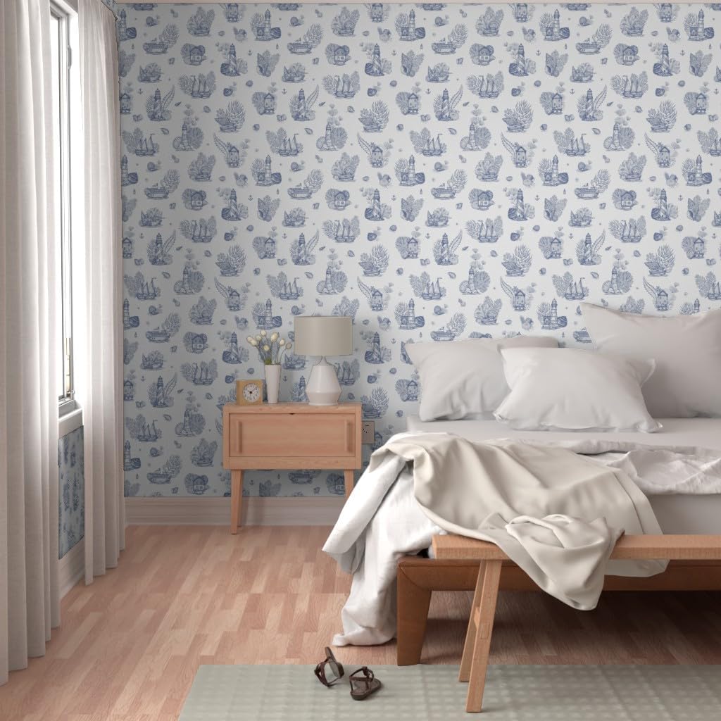 Removable Wallpaper 6ft x 2ft - Lighthouse Sea Blue Plant Nautical Ship Ocean Seashells Custom Pre-Pasted Wallpaper by Spoonflower