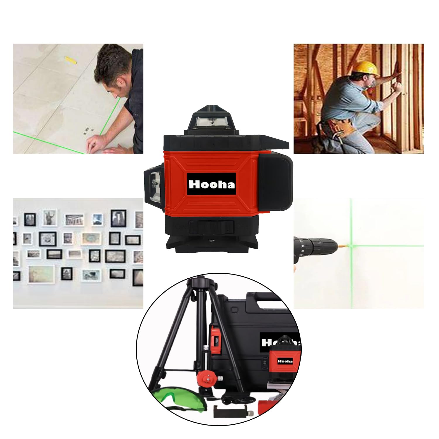Hooha Kreuzlinienlaser Grün 16 Linien Niveliergeraet Laser 4x360°Kreuzlaser Baulaser Multifunktionaler mit Horizontalen&Vertikalen Linien&100cm Stativ&2Akkus&Fernbedienungen&Praktische Tragetasche