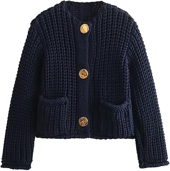 Chunky Ribbed Knitted Cardigan for Women Open Front Long Sleeve Fall Button Loose Short Cardigan Knit Top Pockets