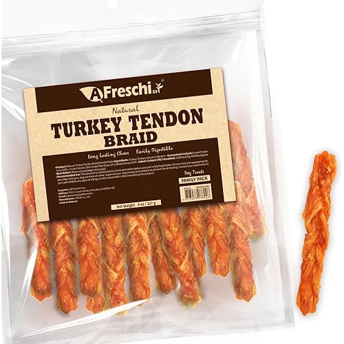 A Freschi srl Turkey Tendons for Dogs, USA-Sourced, Healthy Dog Treats, Rawhide-Free Puppy Chews, Long Lasting, All Natural, Hypoallergenic Dog Treats for Medium Breeds, 8 oz Pack Braid (M)