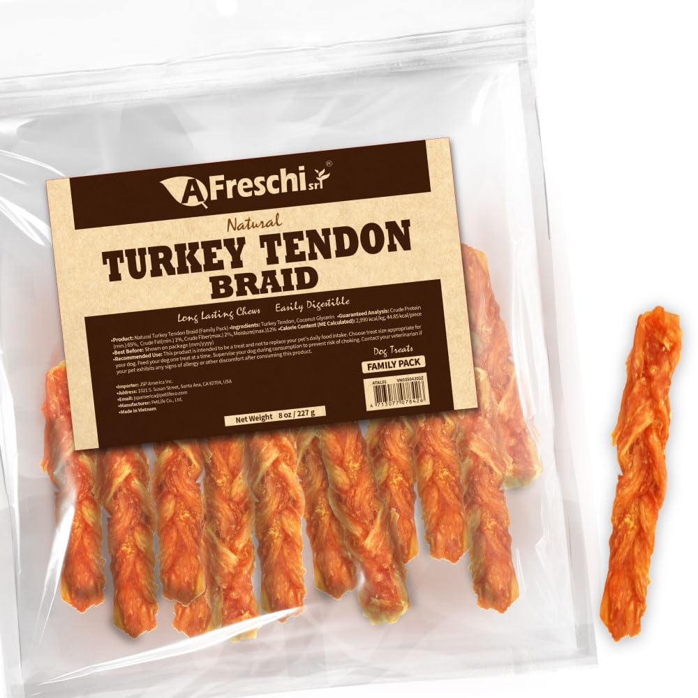 A Freschi srl Turkey Tendons for Dogs, USA-Sourced, Healthy Dog Treats, Rawhide-Free Puppy Chews, Long Lasting, All Natural, Hypoallergenic Dog Treats