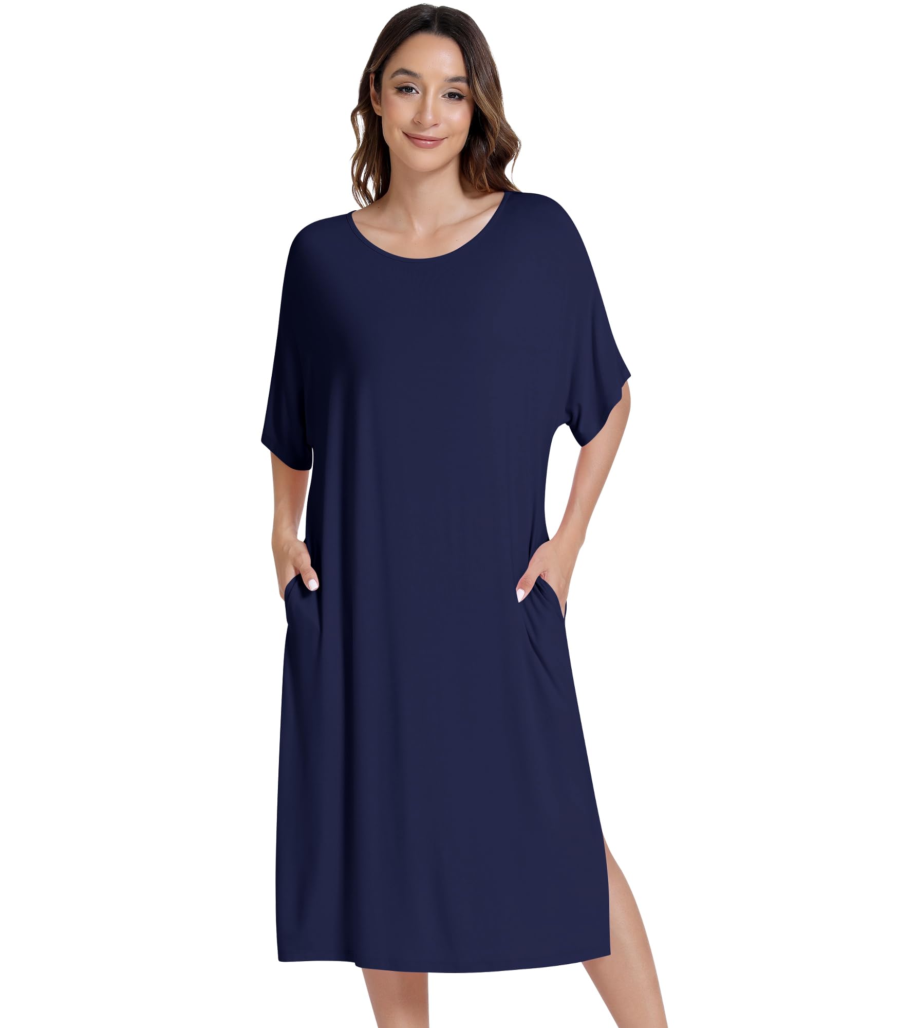 NACHILA Women's Nightgowns. Half Sleeve Nightshirt with Pockets. | Viscose Made from Bamboo, Soft Sleepshirts, Half Sleeve Nightshirt, Cool Sleepdress with Pockets