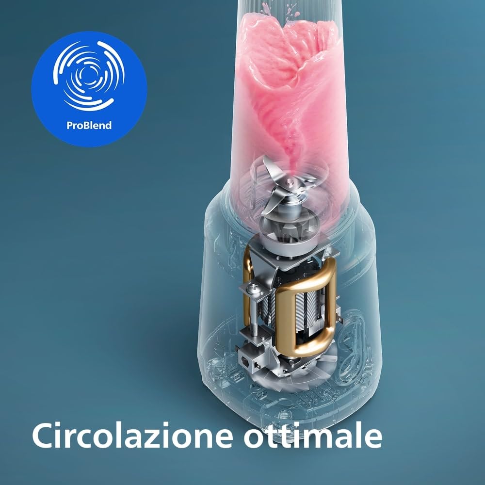 Philips Blend & Go Serie 3000 Mini Frullatore per frullati - 350W, Bicchiere 0,6L, Lame Rimovibili a 4 Stelle, 2 Velocità, Lavabile in Lavastoviglie, ProBlend, Compatto, Argento (HR2671/00)