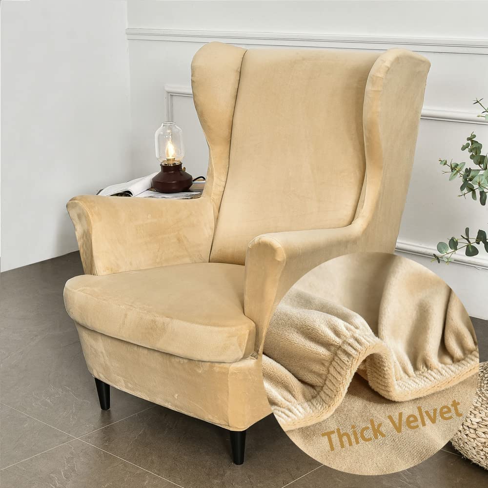 Highdi Wingback Chair Covers 2 Piece Stretch Wing Chair Slipcover, Fashion Solid color Velvet Strandmon Sofa Cover Furniture Protector for Armchair Chairs Living Room Bedroom Hotel (Khaki)