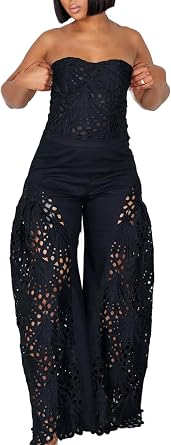 Women 2 Piece Lace Set Crop Strapless Corset Tube Top Hollow Out Eyelet Barrel Pants Party Jumpsuit Outfits