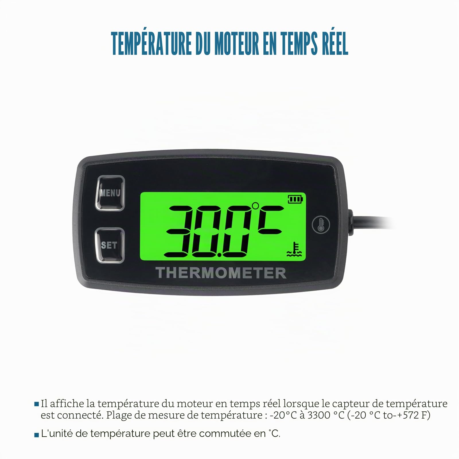Jauge de température du moteur LCD numérique Runleader, alerte de surchauffe, rétroéclairage vert, batterie remplaçable pour moto générateur Dirtbike ATV hors-bord Motoneige marine